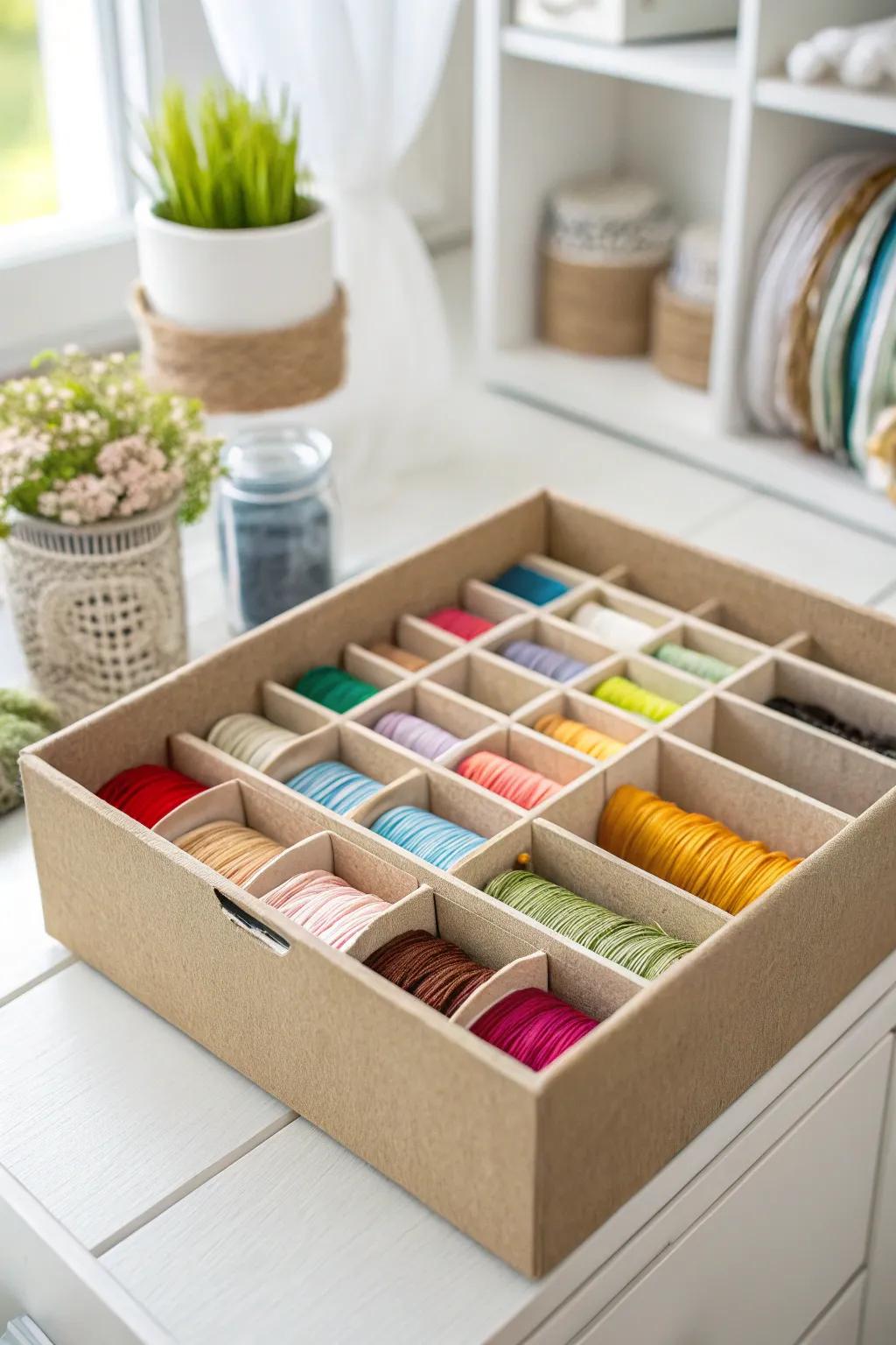 DIY drawer dividers for neat and colorful thread storage.