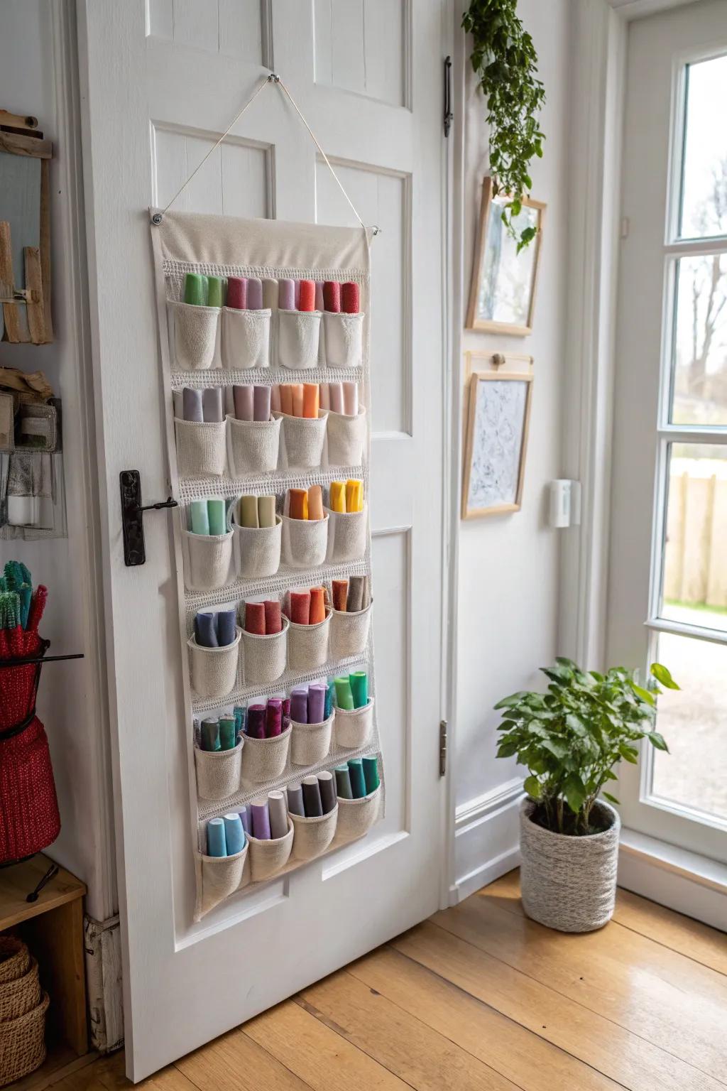 Functional and stylish over-the-door shoe organizer repurposed for thread storage.