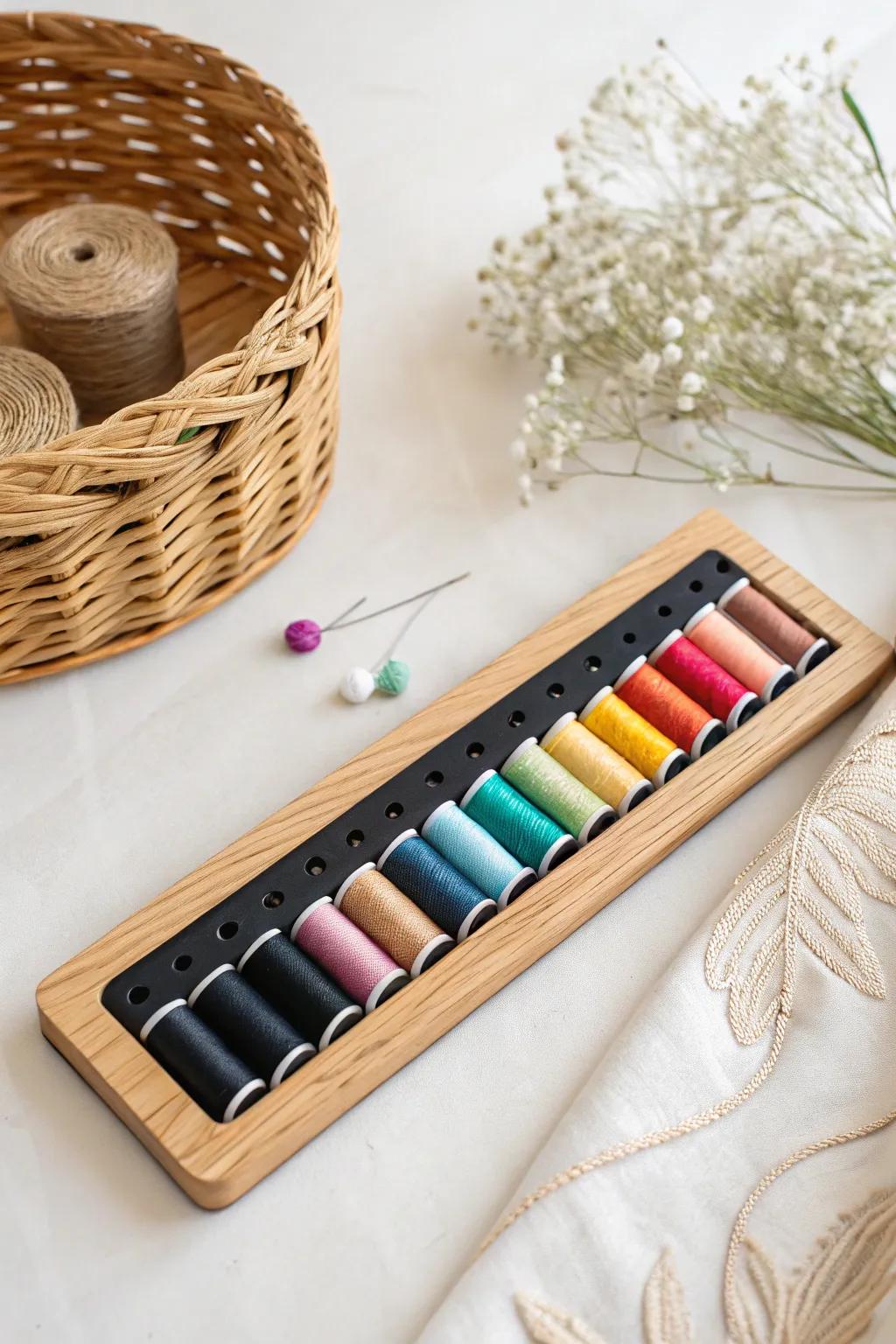 Sleek magnetic strip organizer for embroidery bobbins.