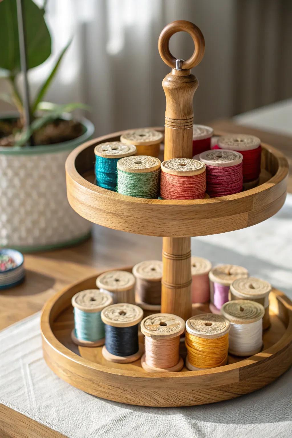 Boho-inspired tiered tray organizer to elegantly showcase embroidery threads.