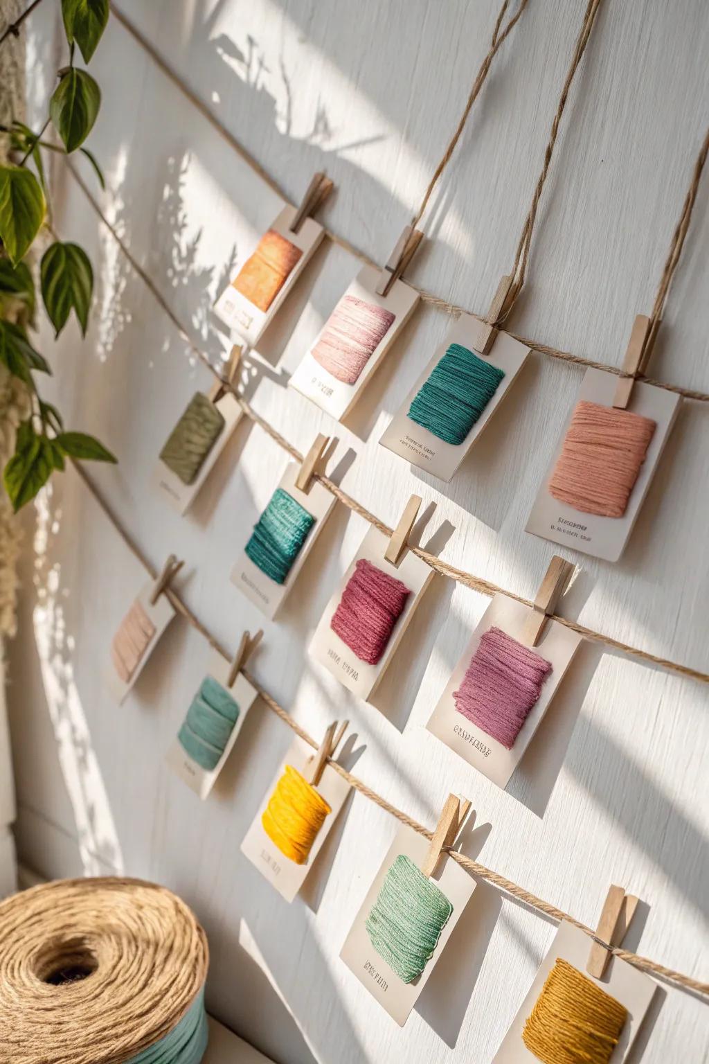 Vibrant embroidery thread display using bobbin cards on a string.