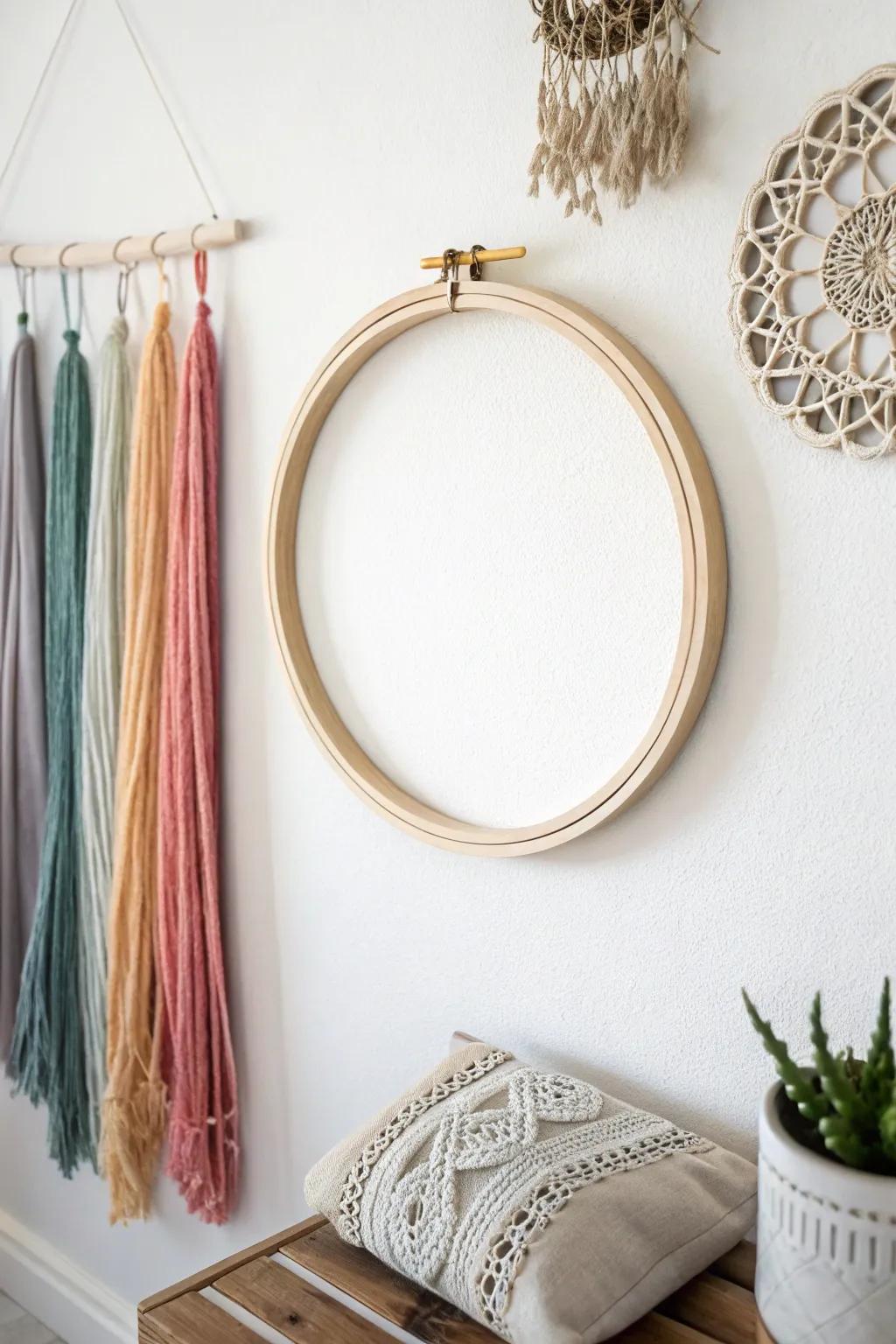 Scandinavian-inspired embroidery hoop used as a thread organizer.