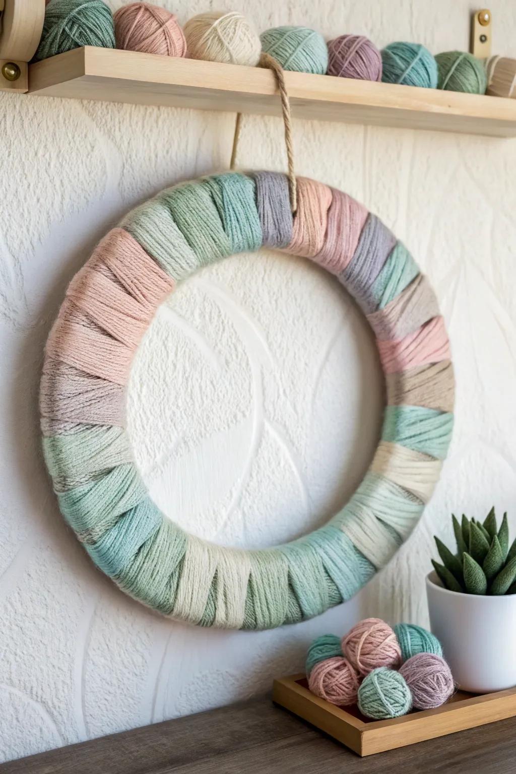Colorful embroidery thread wreath combining organization and decoration.