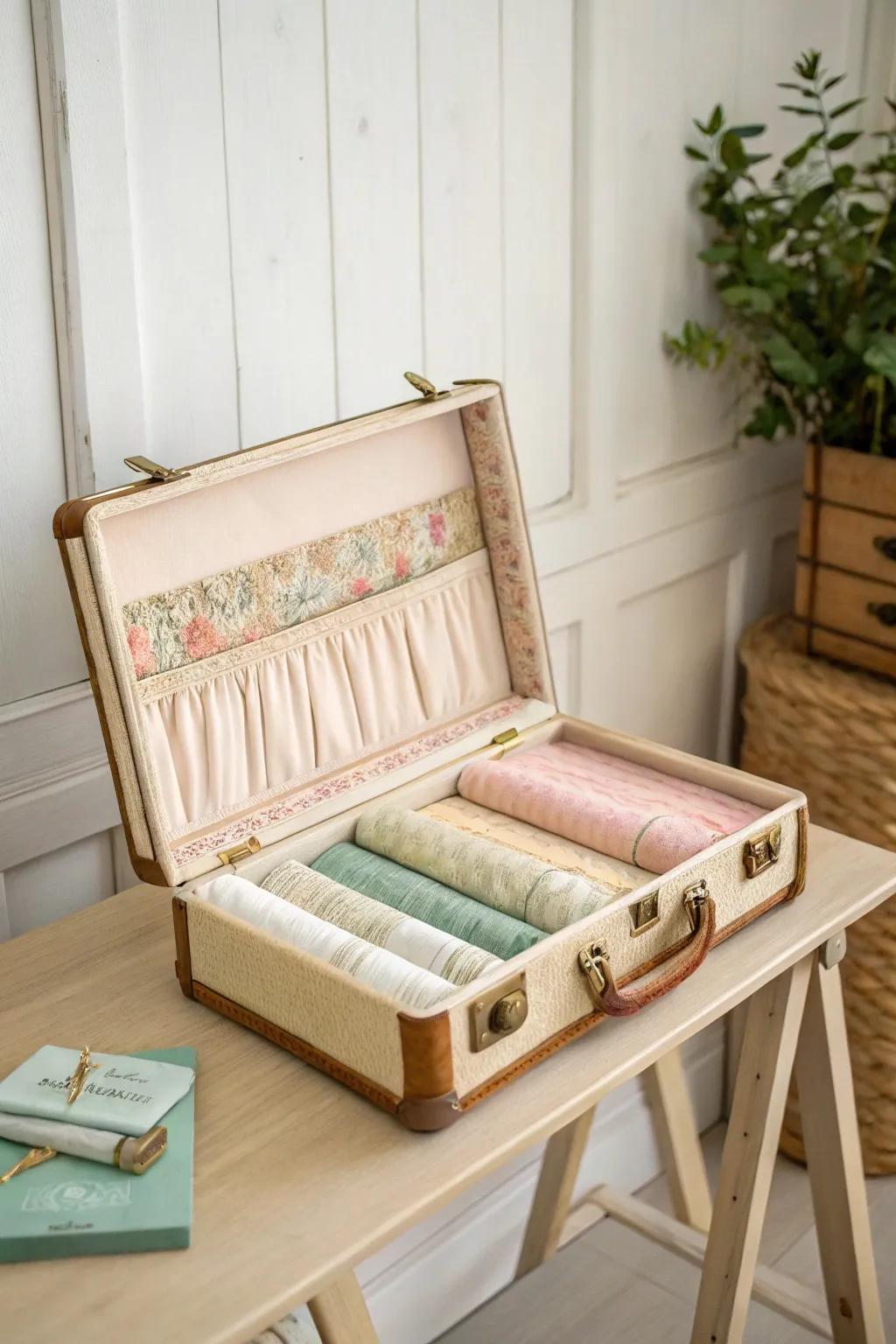 Charming vintage suitcase repurposed as an embroidery thread organizer.