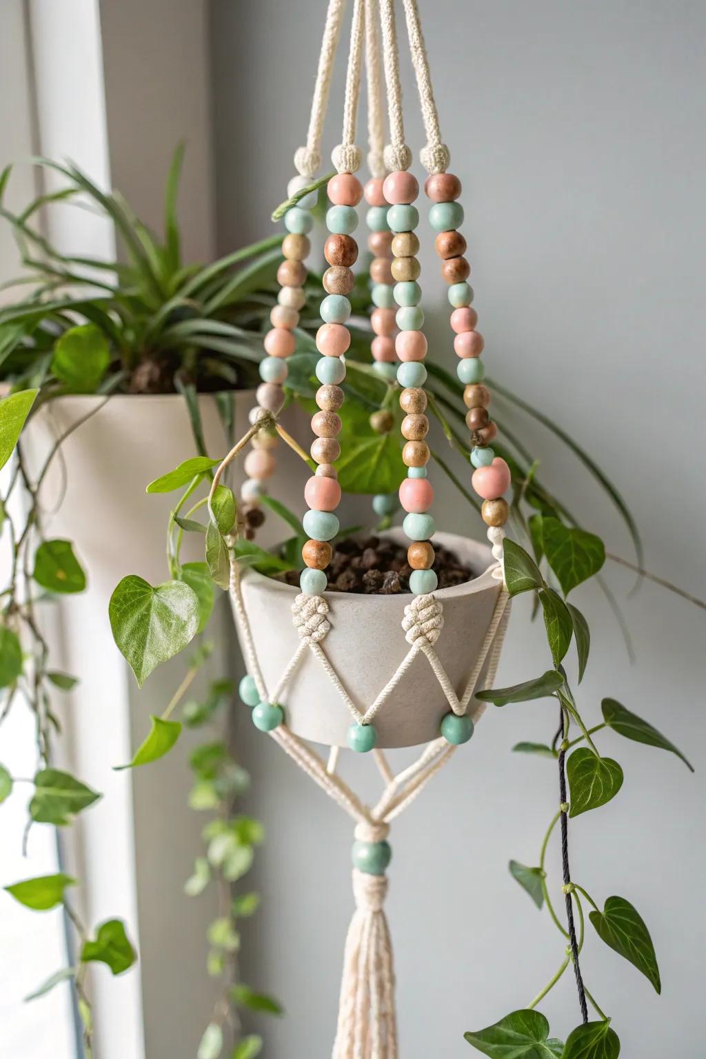 Bohemian-inspired beaded plant hanger adding color to greenery.