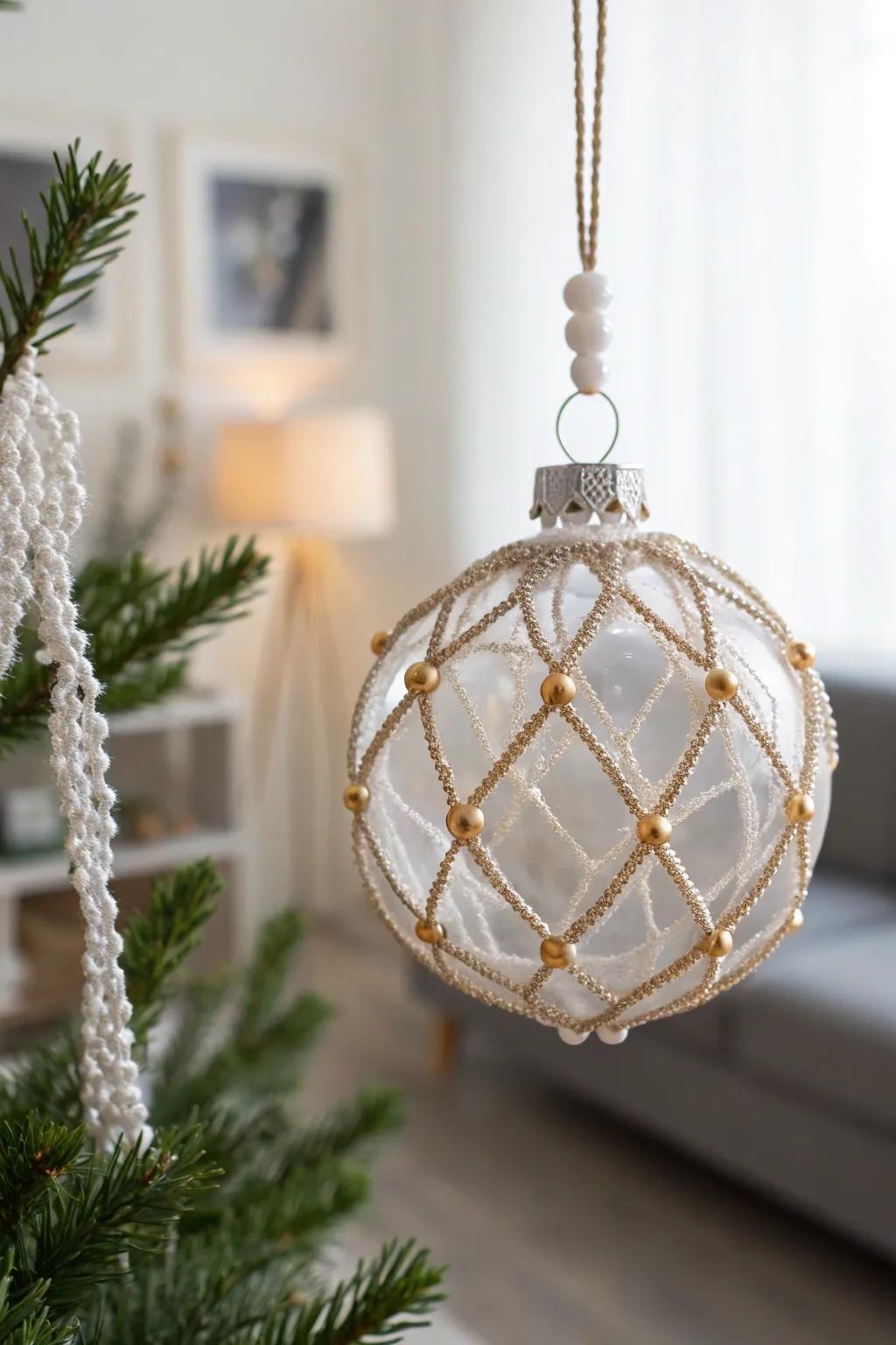 Handcrafted beaded ornaments adding elegance to holiday decor.