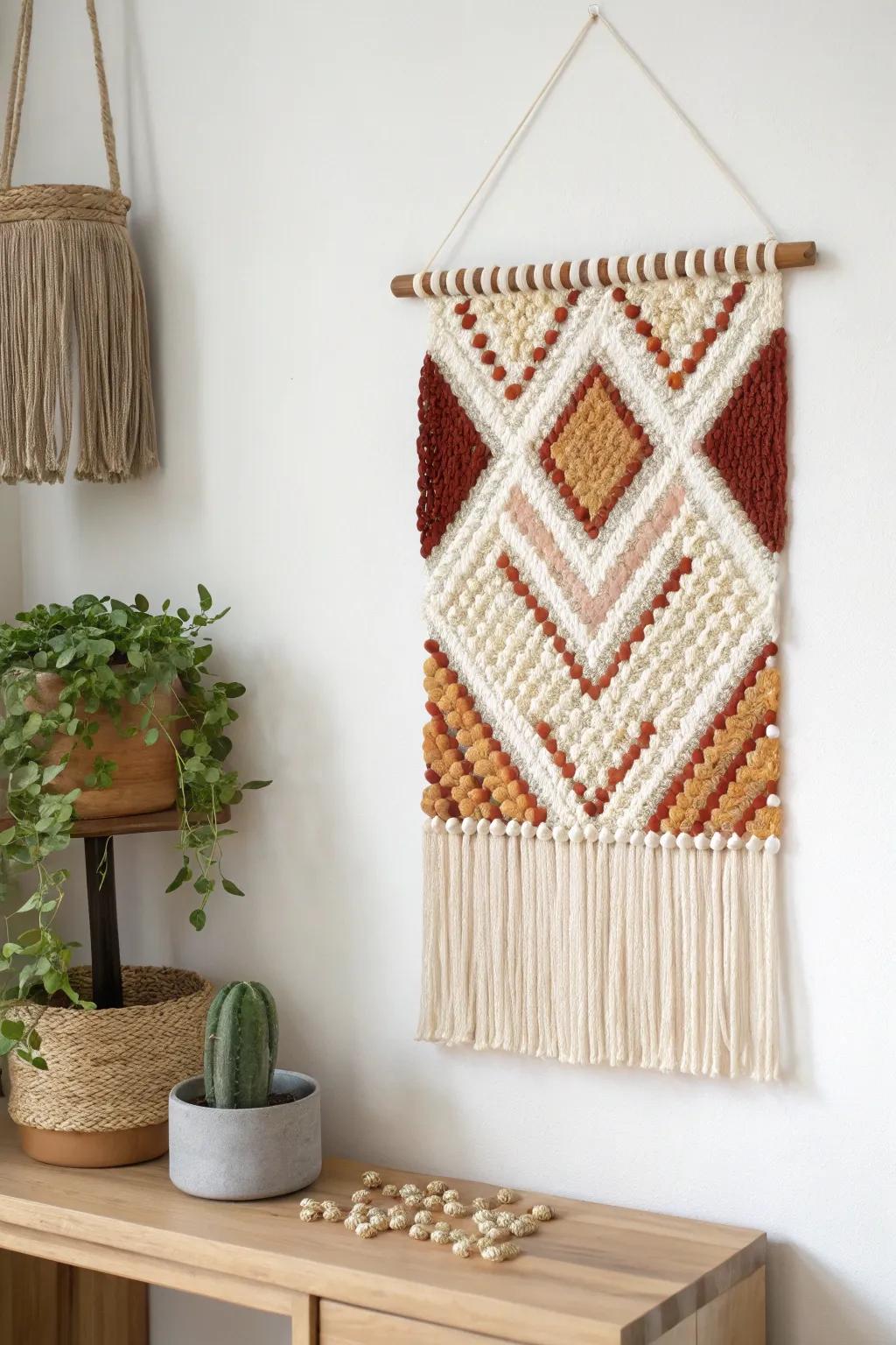 Minimalist beaded wall art adding depth and color.