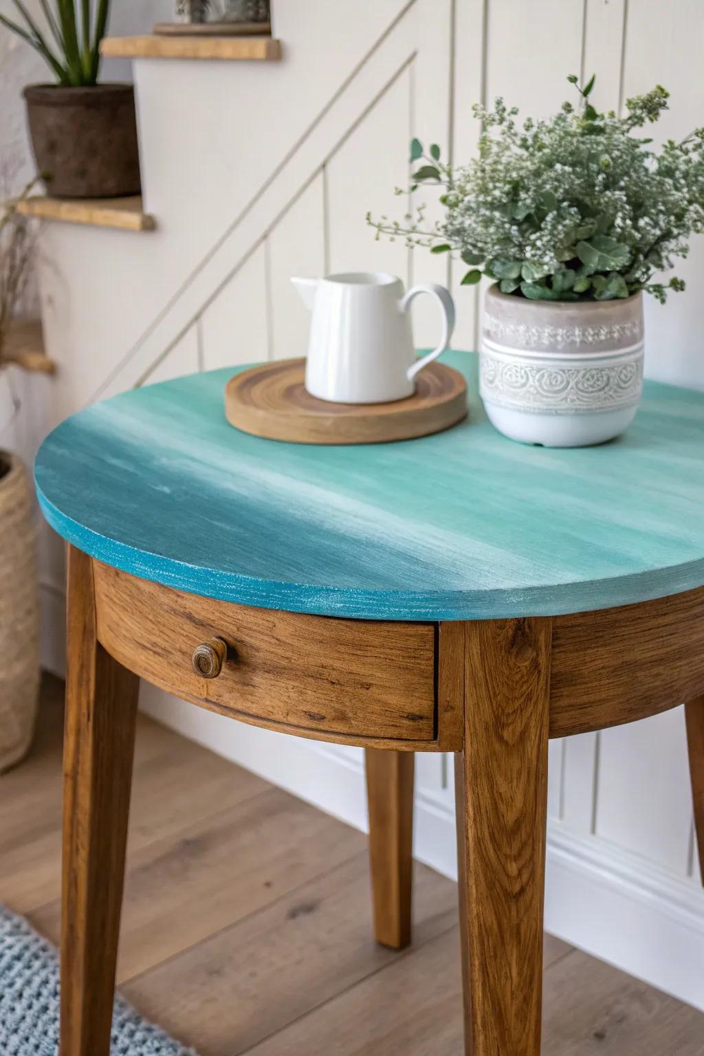 Create a calming gradient from teal to sky blue with an ombre-painted table.