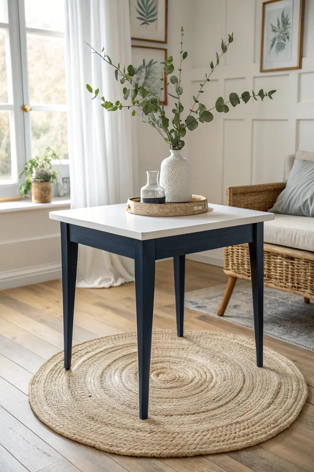 Combine contrasting colors for a modern two-tone table design.