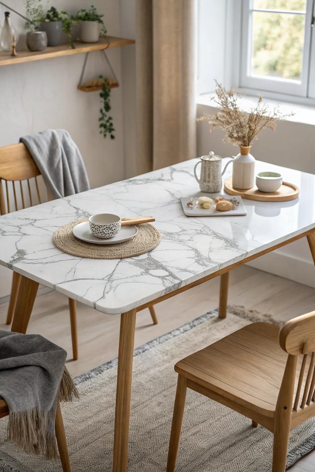 Upgrade your dining area with a sophisticated faux marble tabletop.