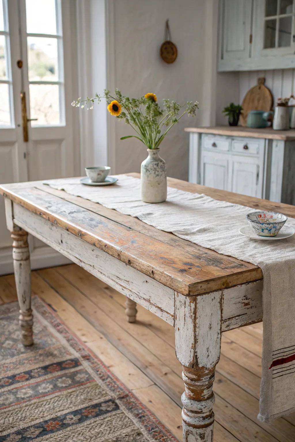 Add character with a vintage distressed table that tells a story.