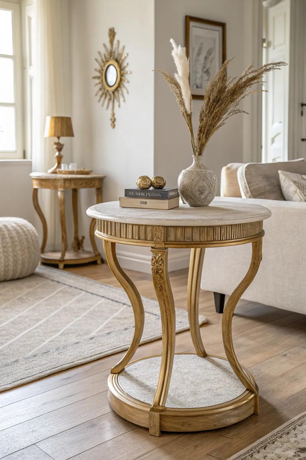 Add a luxurious touch with gold metallic accents on your side table.