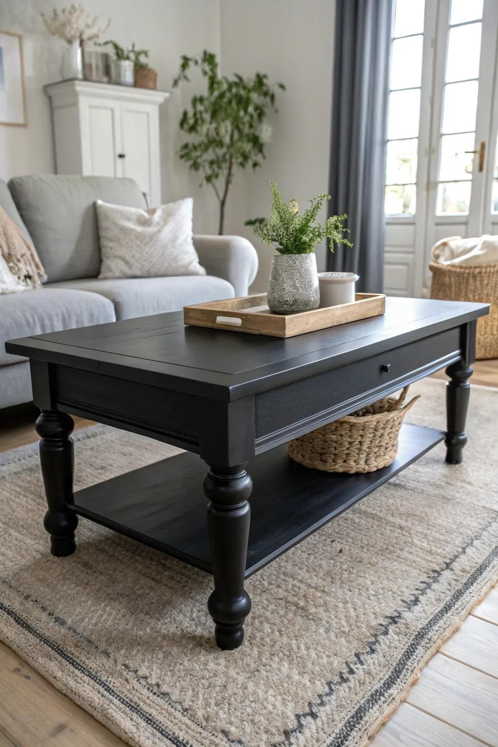 Experience understated elegance with a monochrome black coffee table.