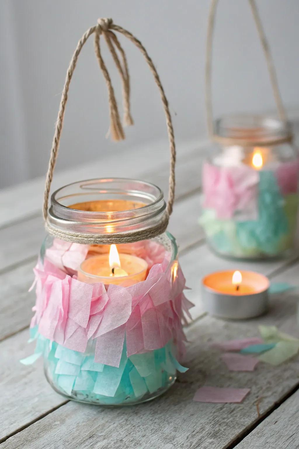 Create colorful lanterns using mini mason jars and tealight candles.