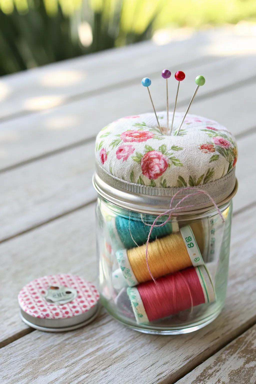 Neatly store sewing essentials in a mini mason jar with a pincushion lid.