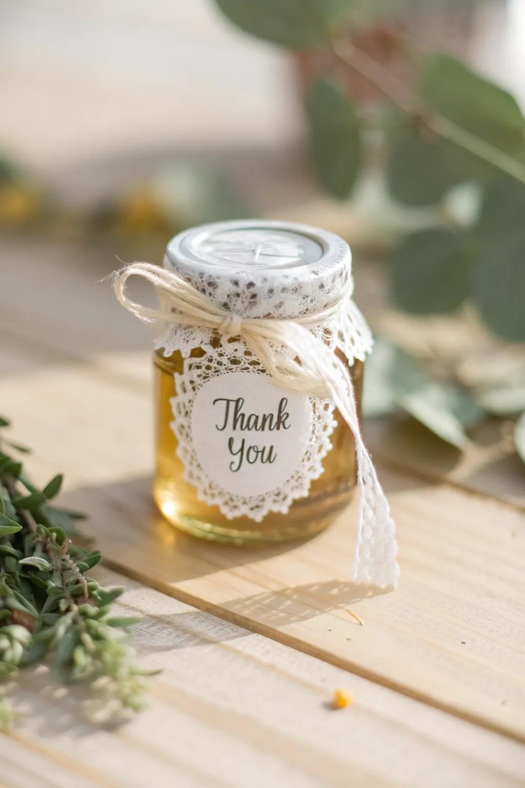 Elegant mini mason jar wedding favors filled with homemade treats.