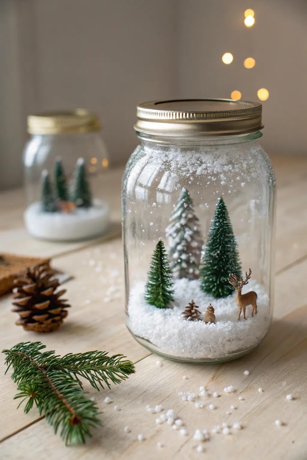 Craft a magical waterless snow globe using mini mason jars and festive figurines.