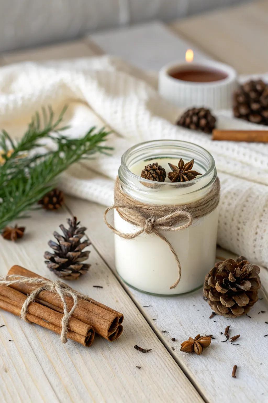 Seasonal mini mason jar decor featuring pinecones and cinnamon sticks.