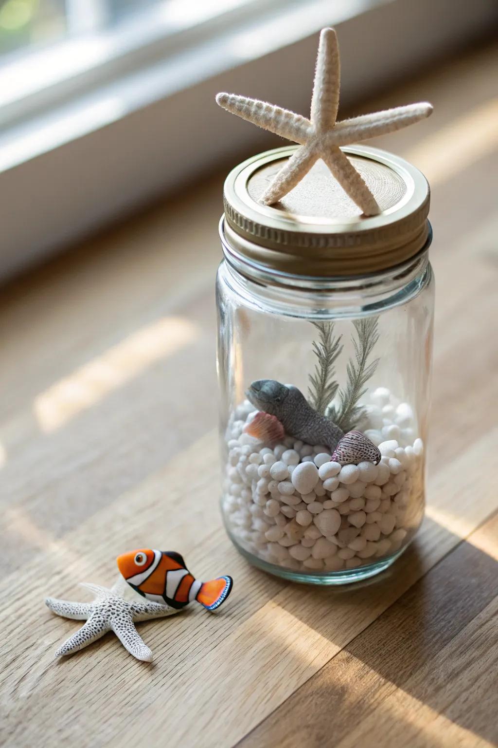 Create a no-fuss mini aquarium with pebbles and tiny sea creatures in a mason jar.