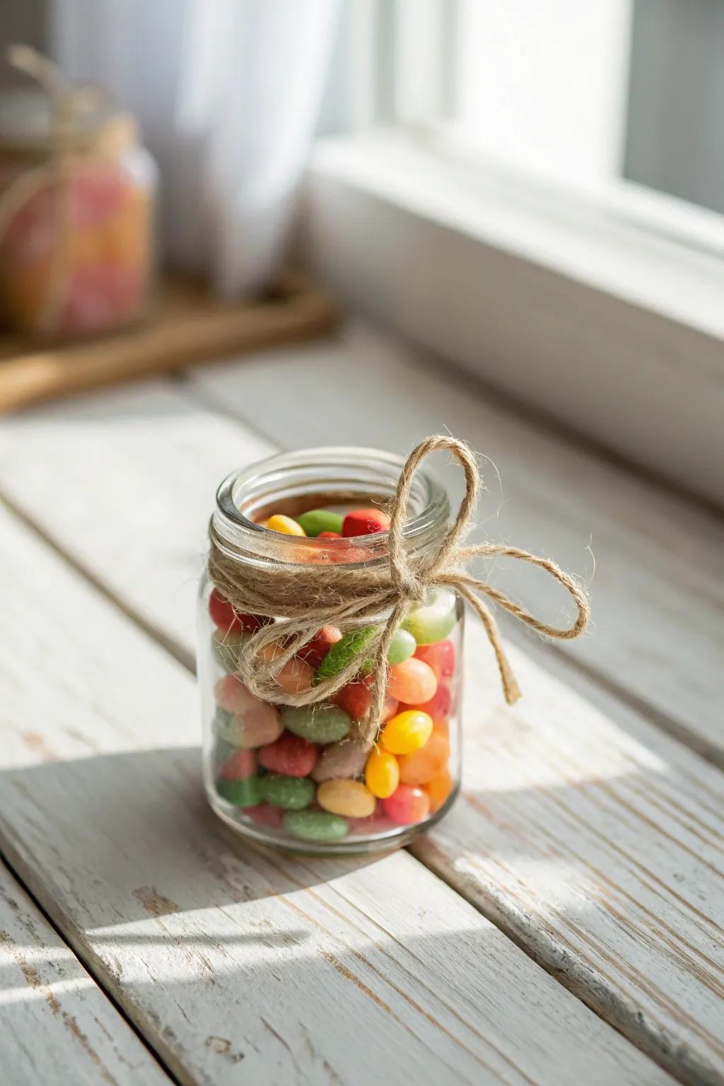 Present delightful candies in mini mason jars for charming gifts or party favors.
