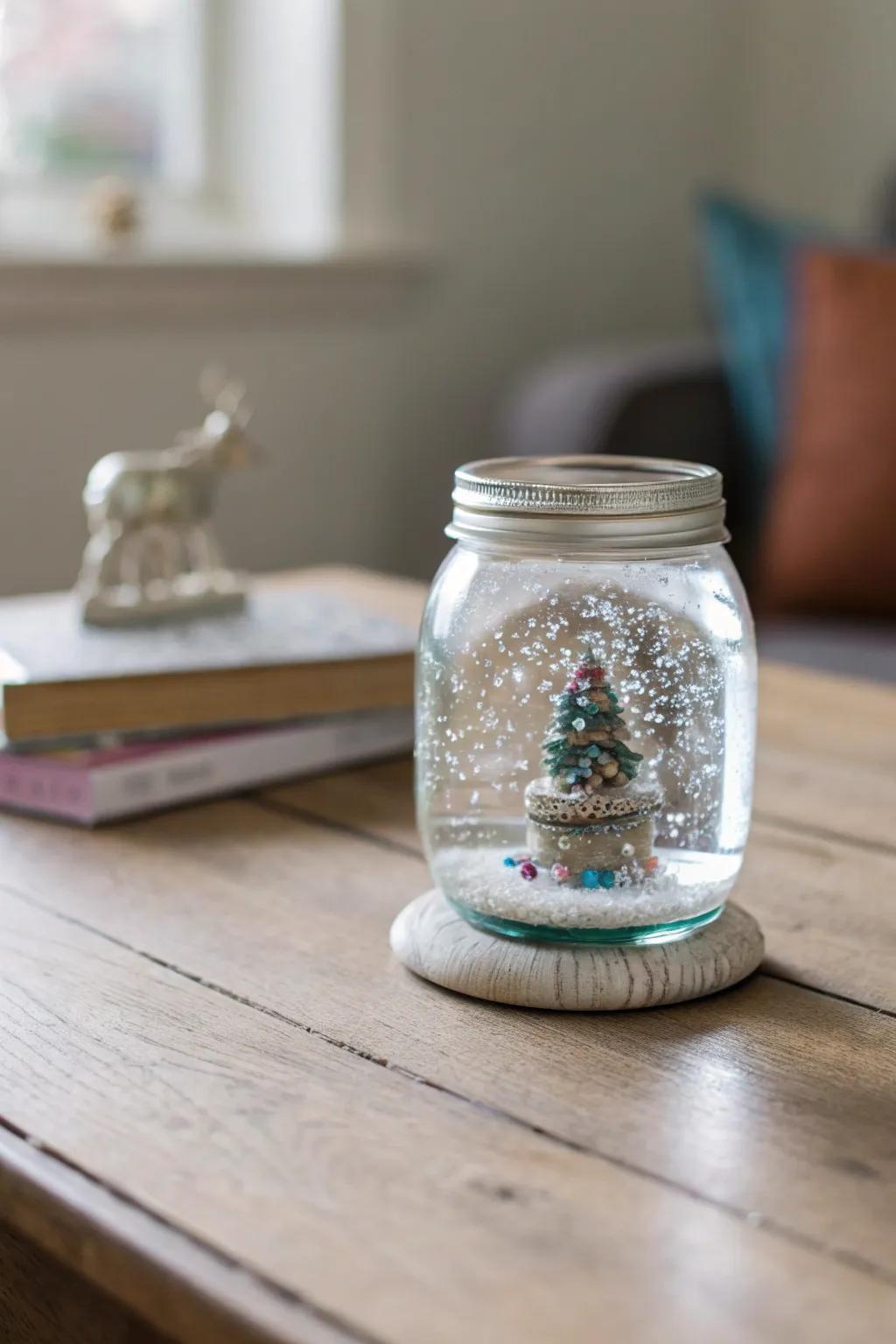 Craft a dazzling glitter globe with mini mason jars, water, and figurines.