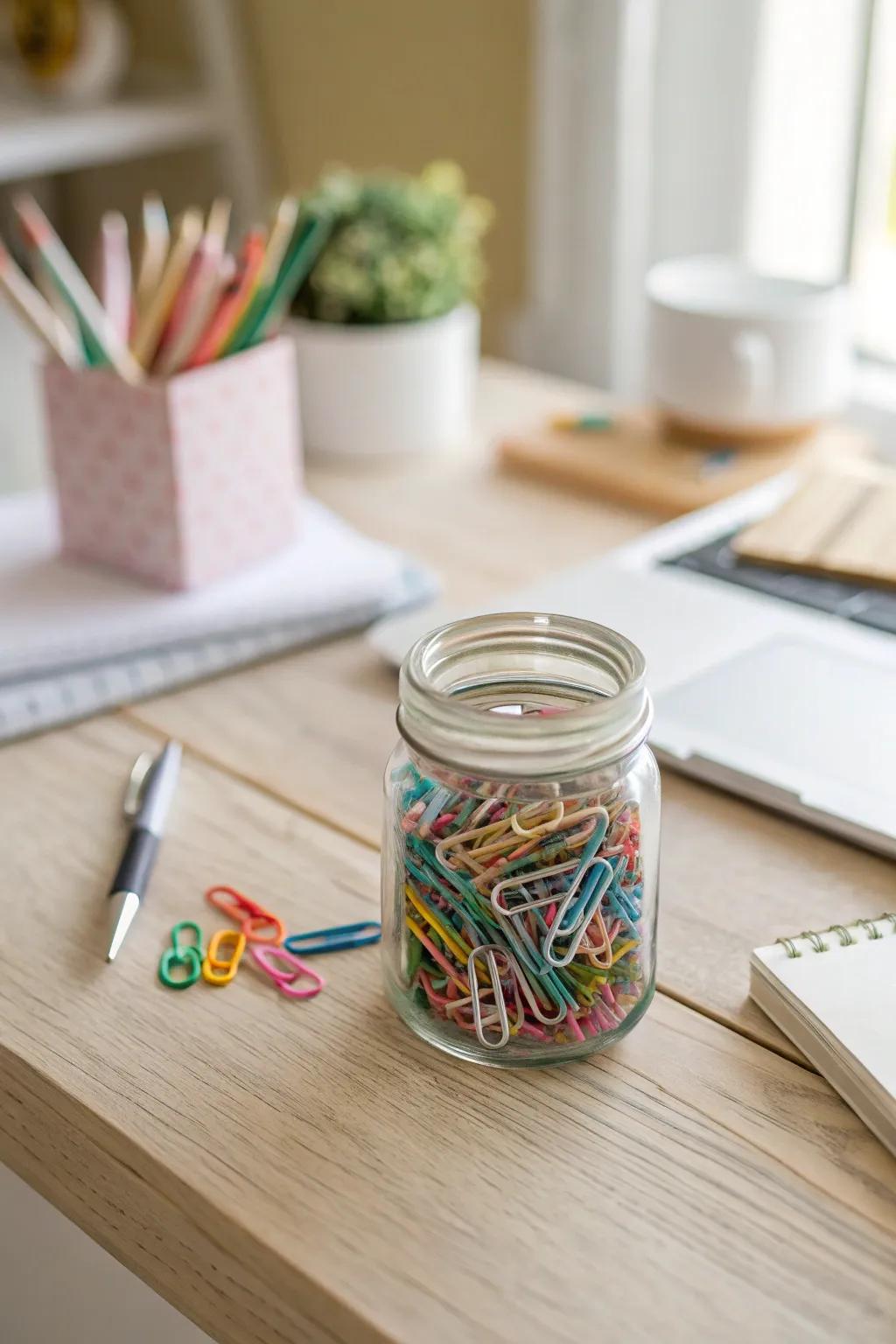 Keep your desk tidy and stylish with mini mason jar organizers.