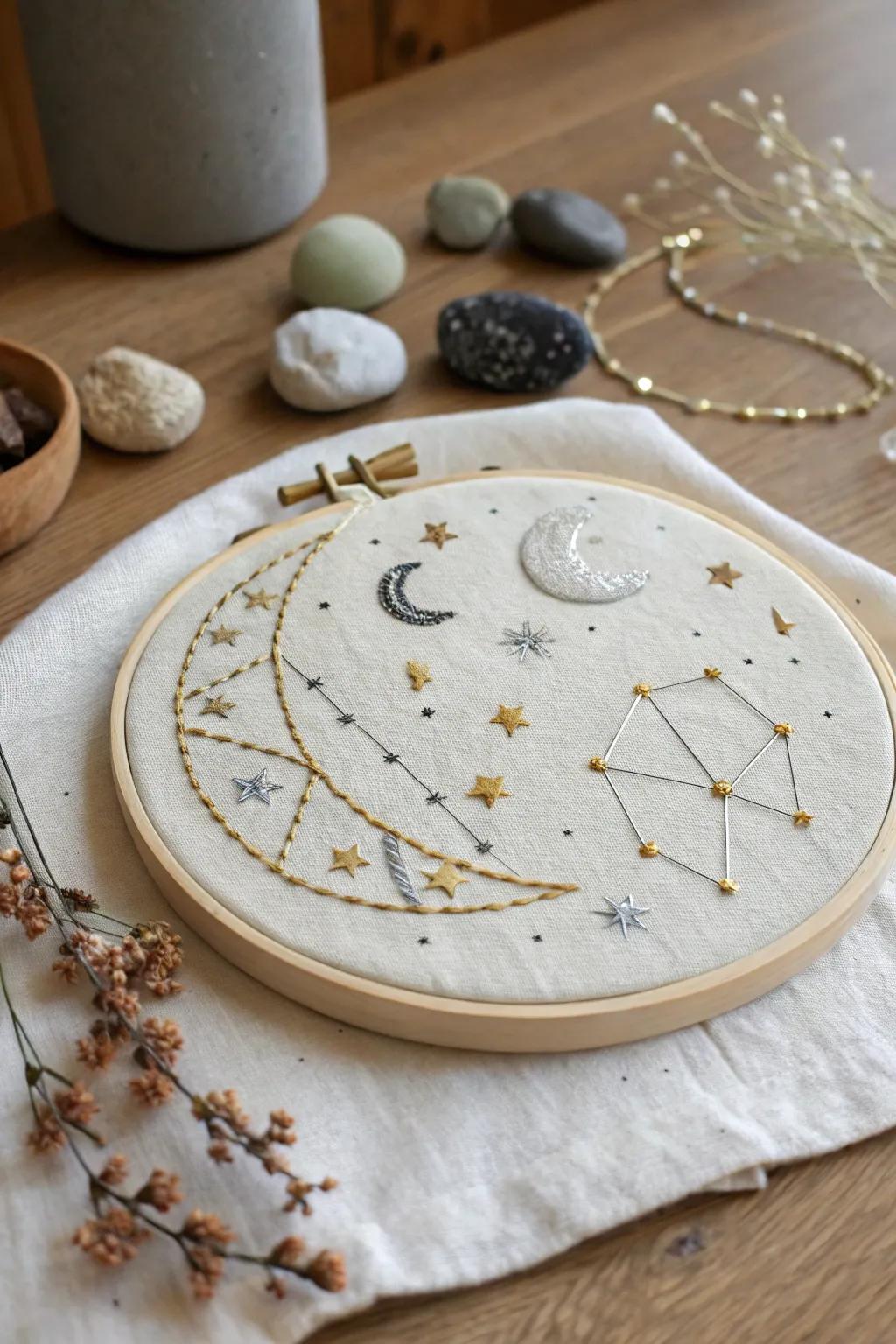 Bring the wonders of the night sky into your home with celestial embroidery designs.