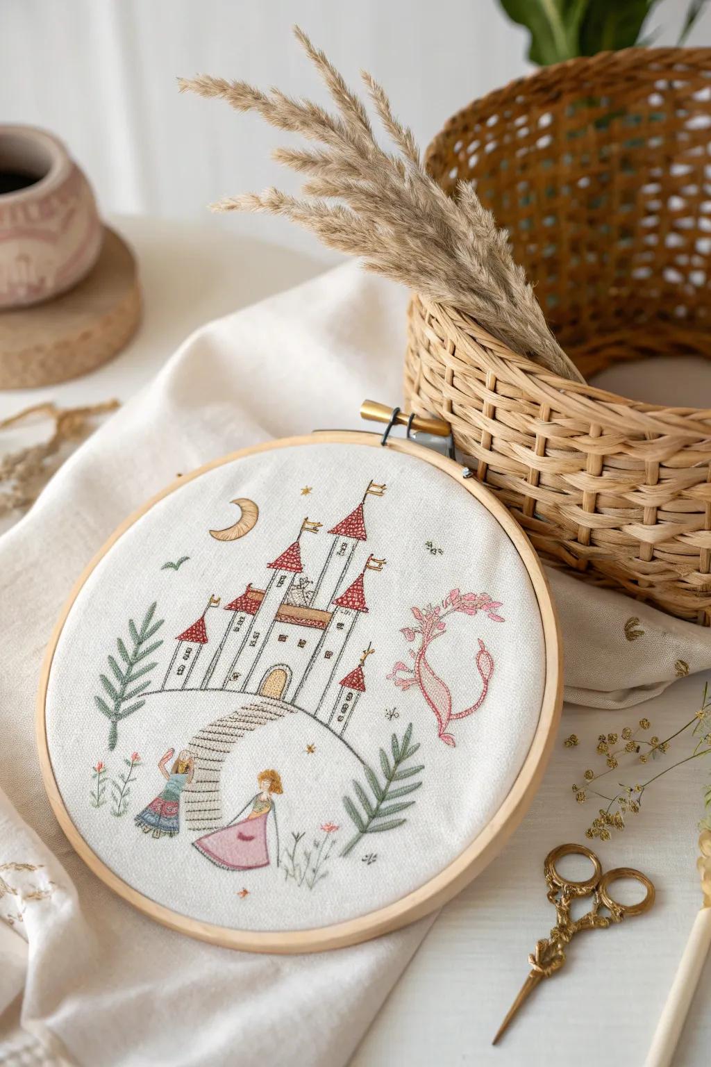 Bring storybook magic to life with delicate embroidery featuring castles and mythical creatures.