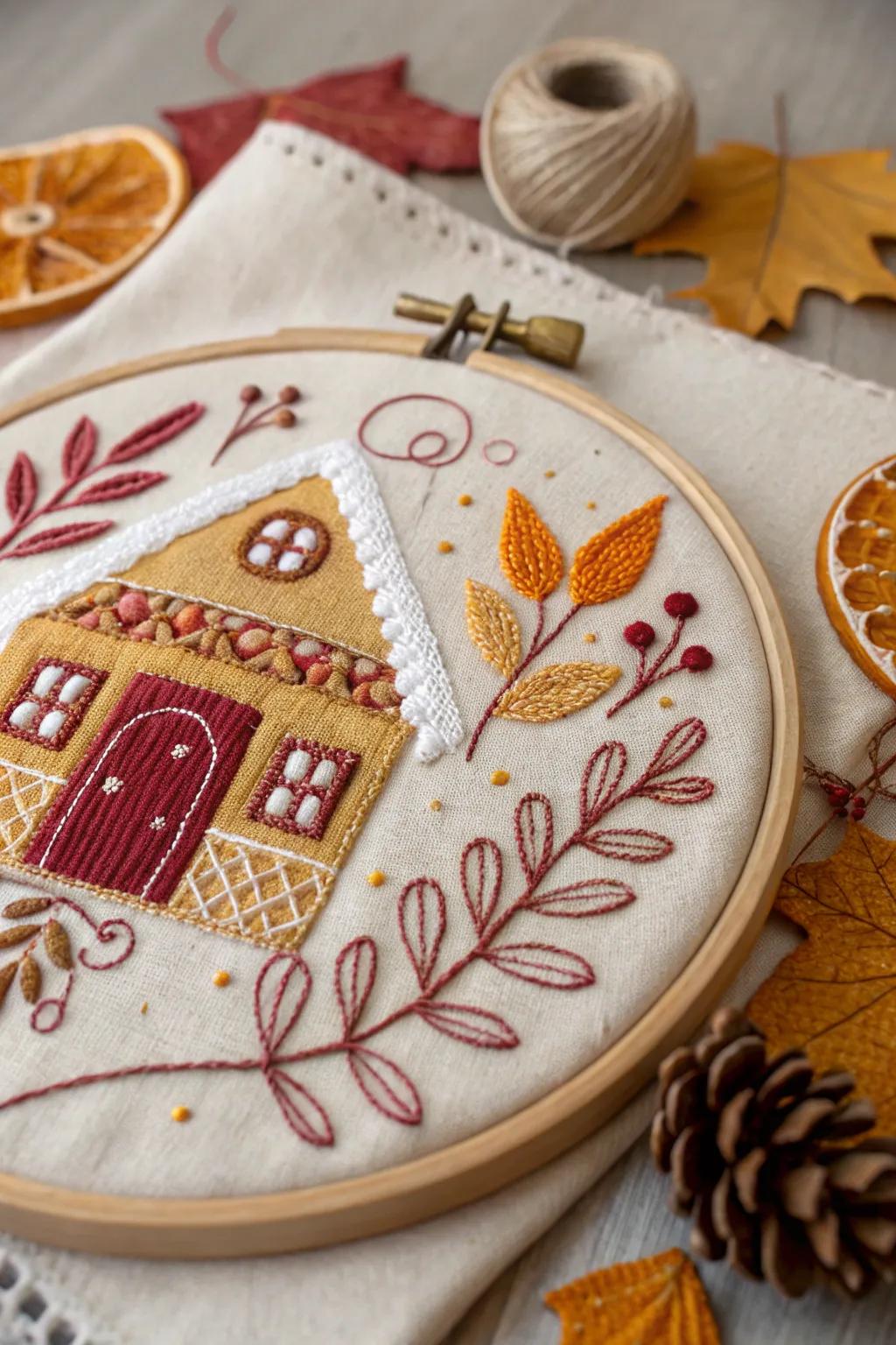 Capture the warmth of fall with a charming gingerbread house embroidery, perfect for kitchen accessories.