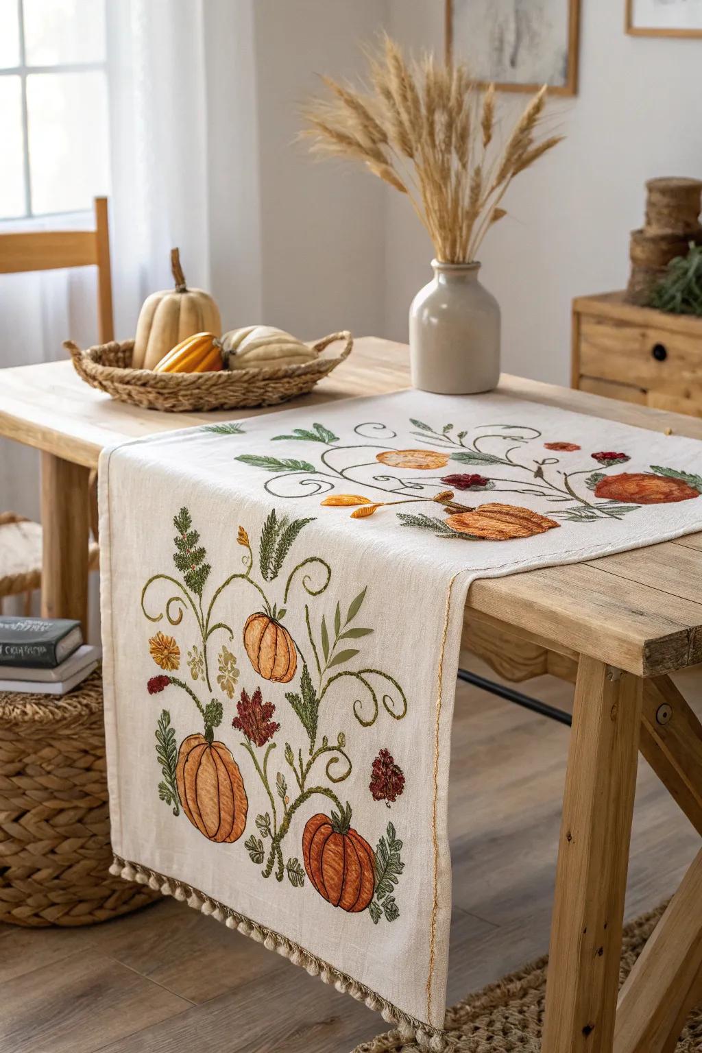 Celebrate autumn with elegant pumpkin embroidery, ideal for minimalist seasonal decor.