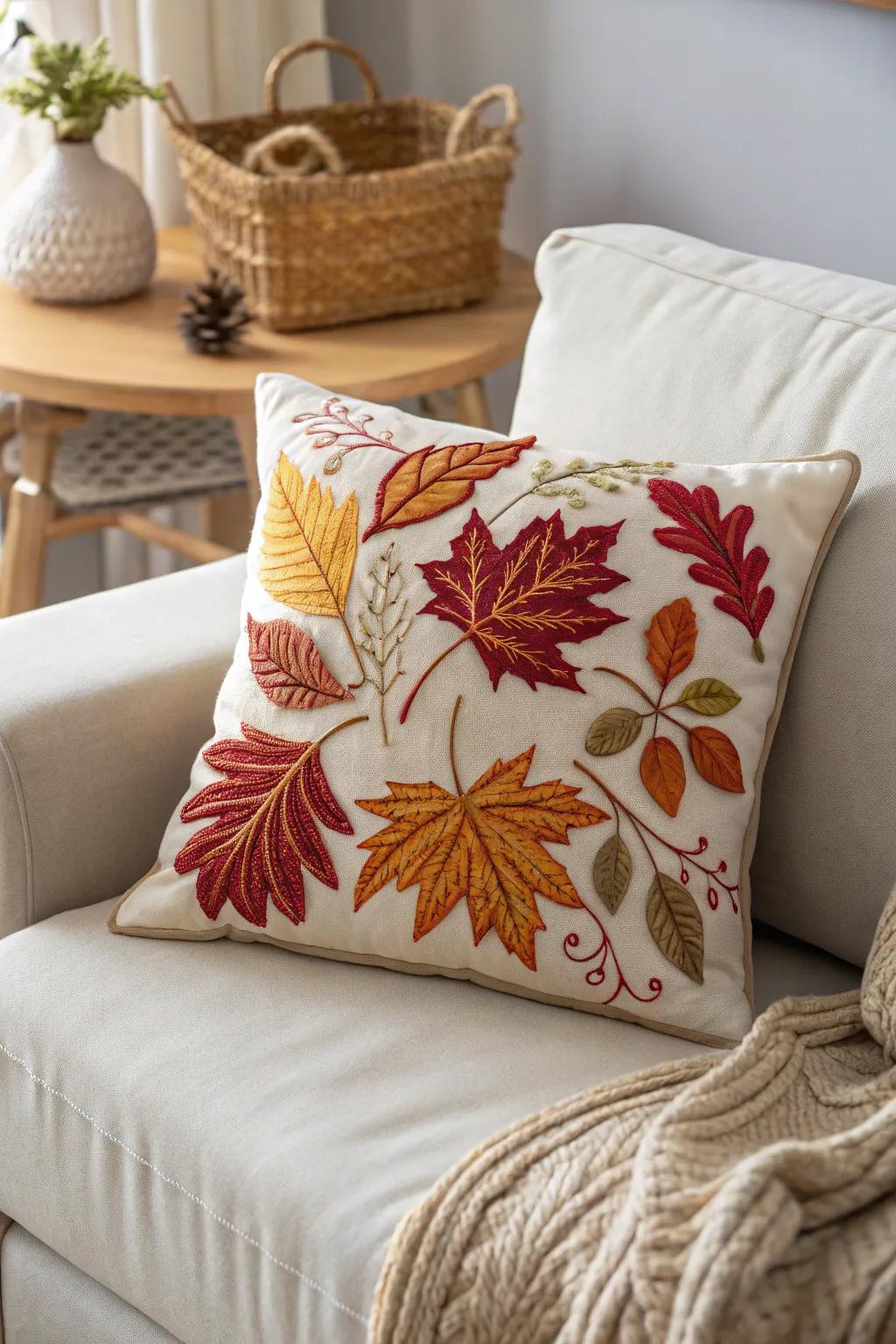 Infuse your home with fall warmth through detailed embroidered leaves in rich colors.