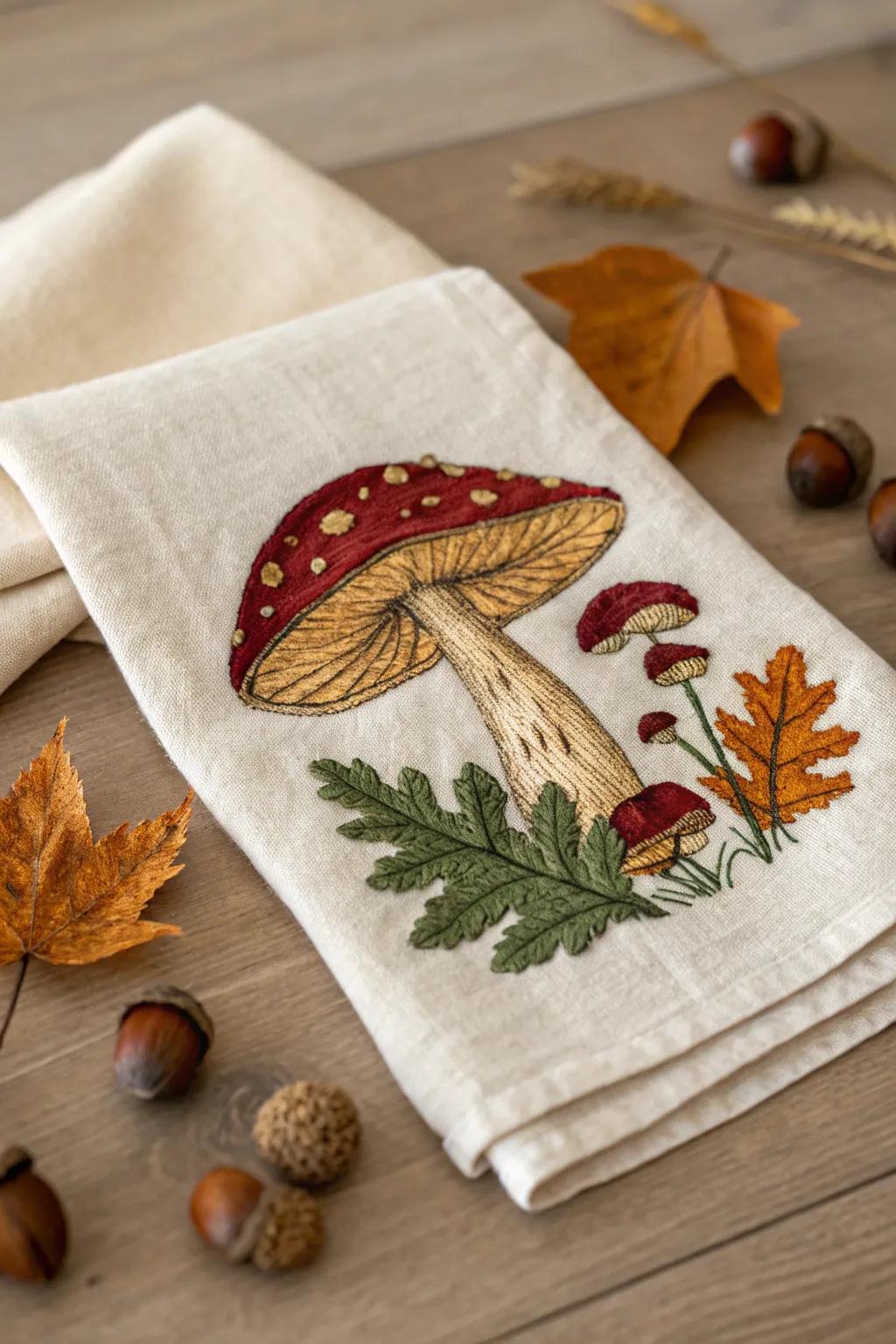 Add a playful woodland vibe with embroidered mushrooms, perfect for kitchen textiles.