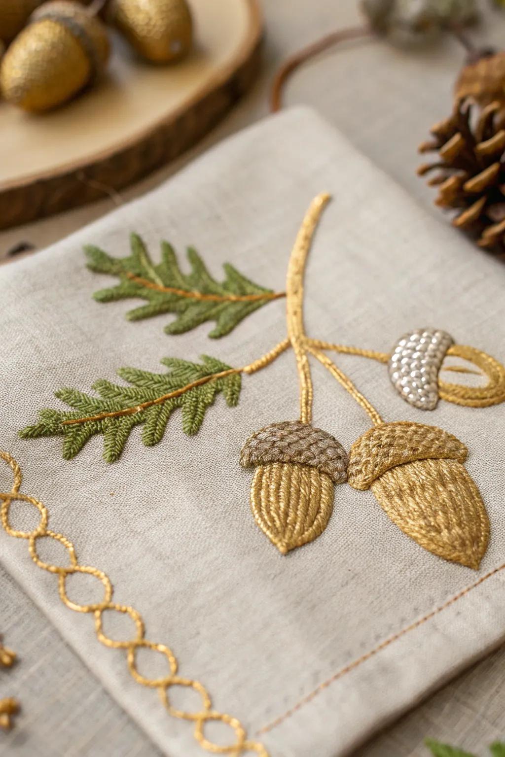 Add a shimmering touch to your fall decor with embroidered golden acorns.