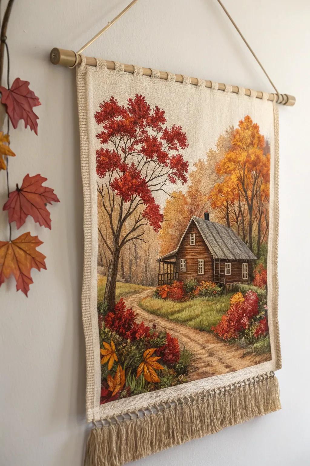 Escape to a peaceful autumn retreat with embroidered rustic cottage designs.