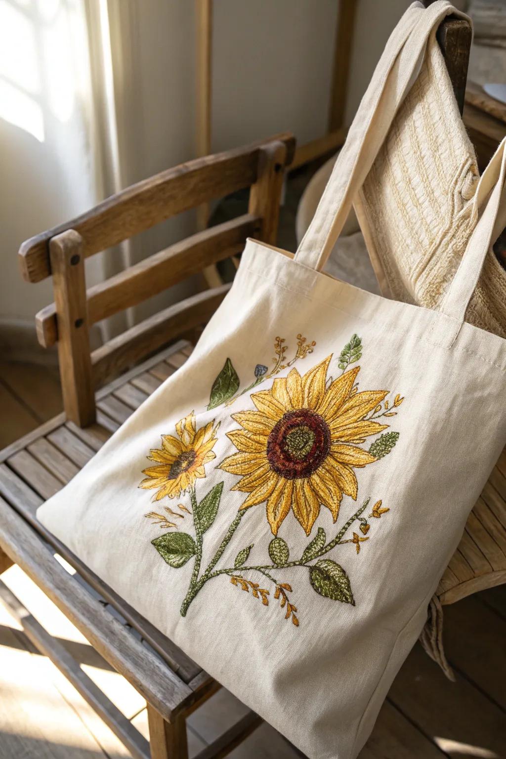 Carry the warmth of sunflowers with embroidered designs on tote bags and accessories.