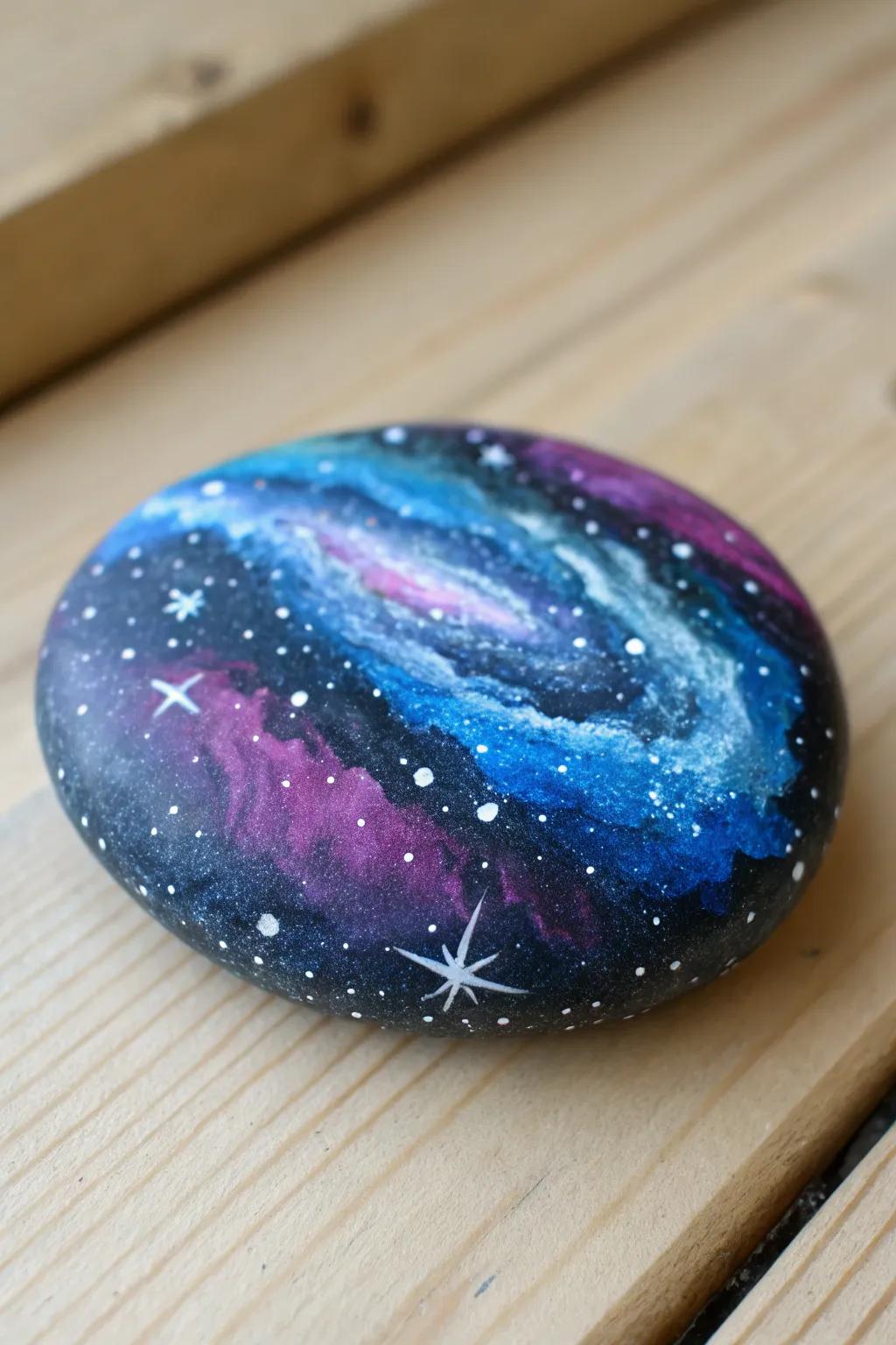 Hold the cosmos in your hand with mesmerizing galaxy rock paintings.