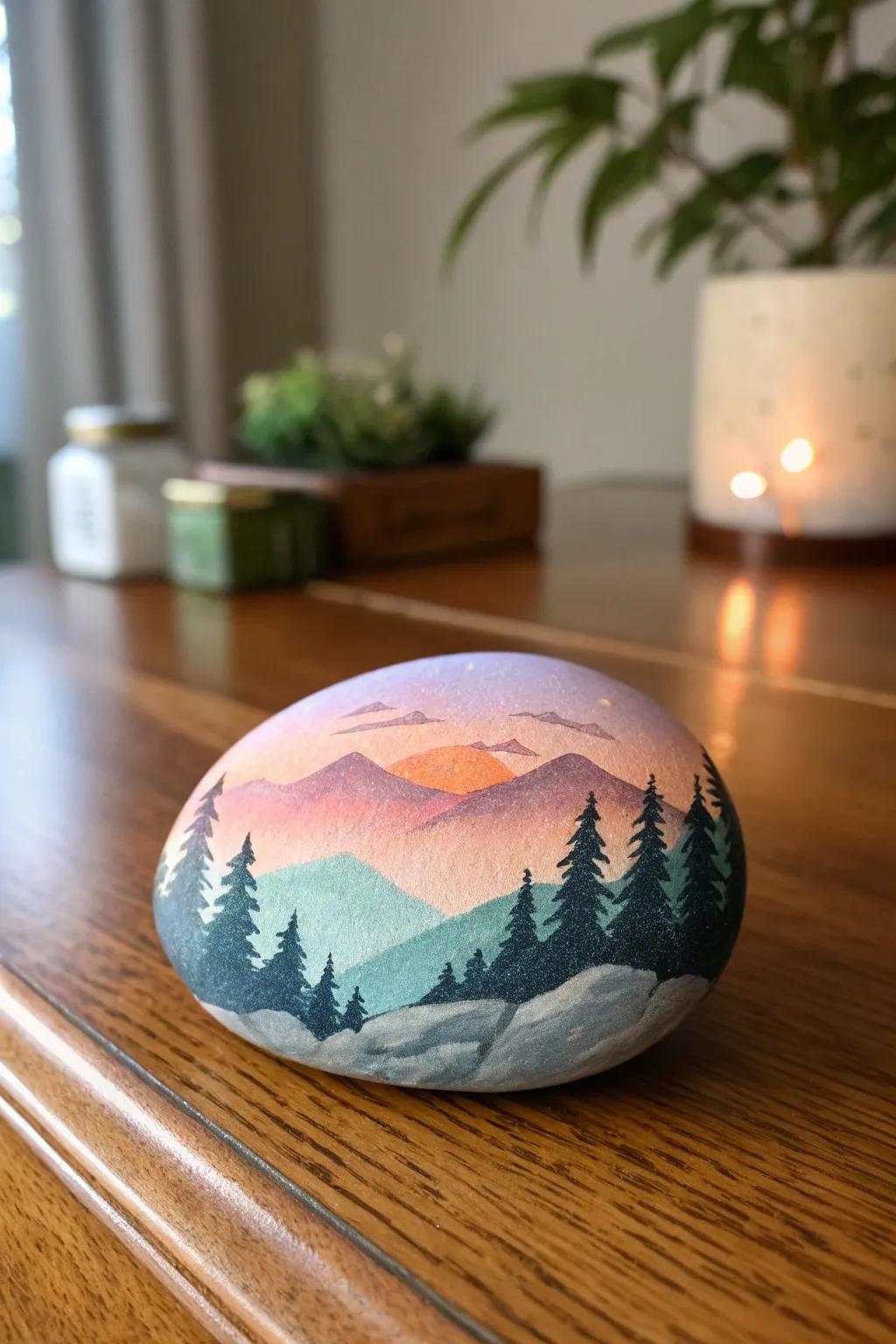 Bring tranquility indoors with sunset and mountain rock paintings.