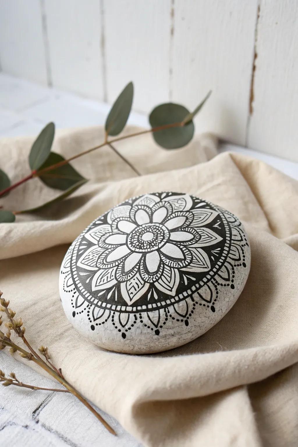 Timeless black and white mandala rock art combining elegance and natural beauty.