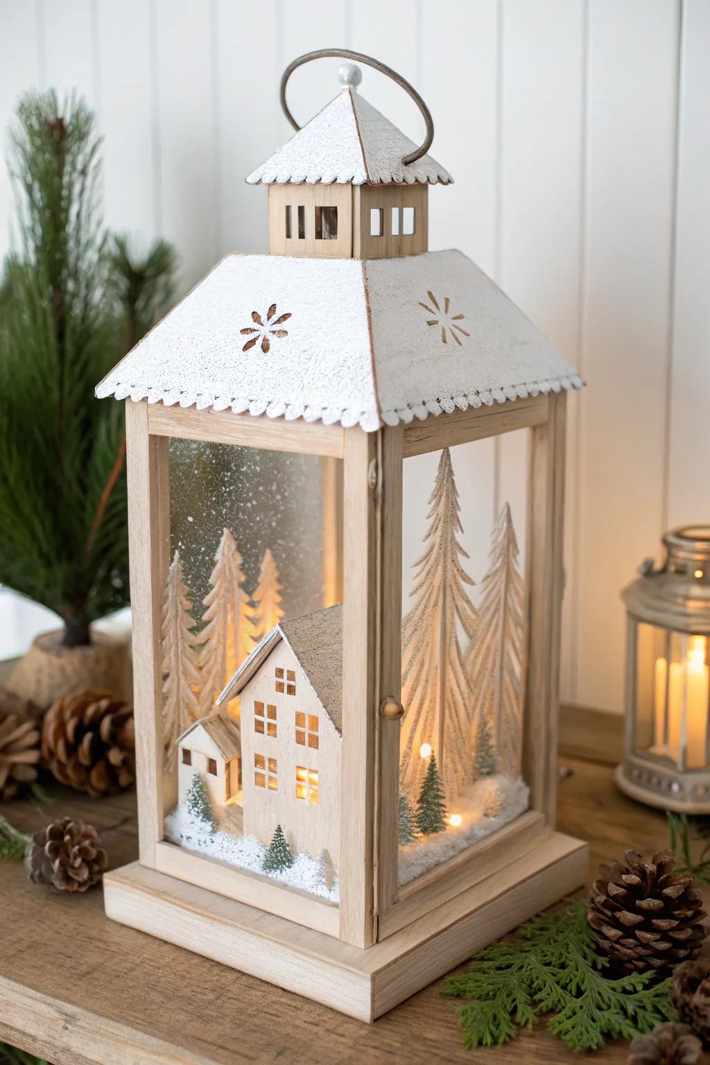 Cozy winter village scene inside a handmade lantern