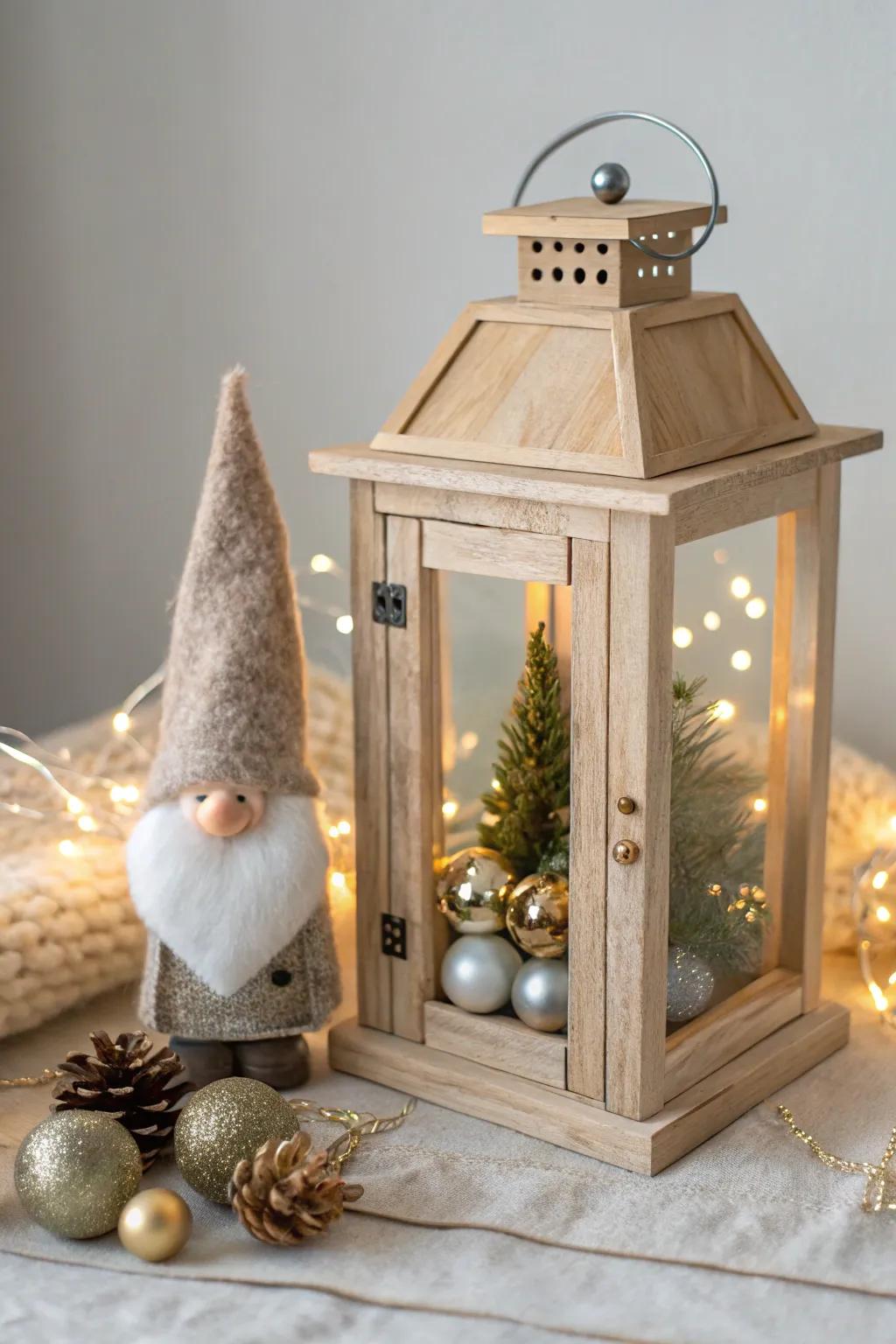 Festive lantern filled with colorful baubles and charming gnomes