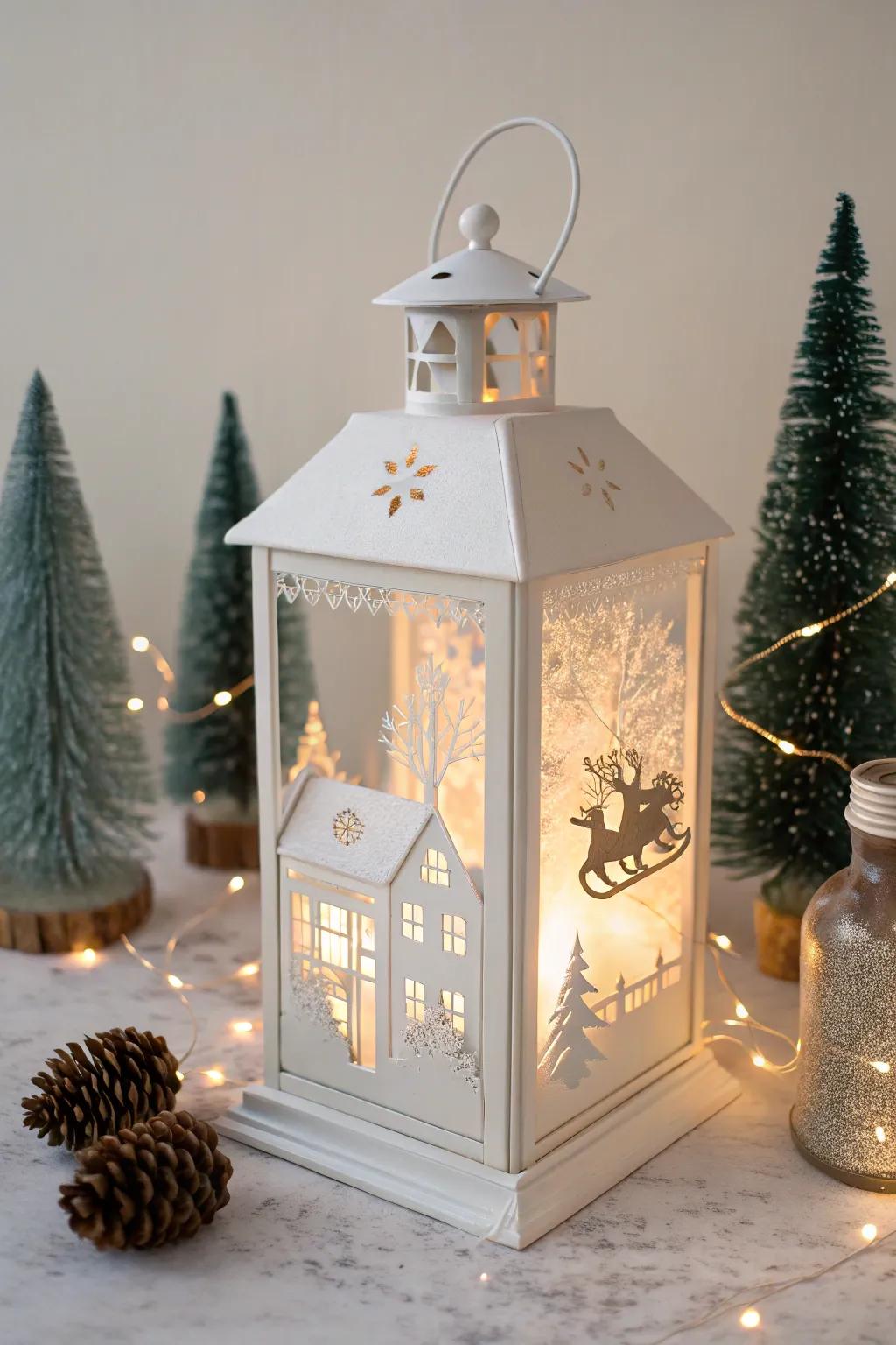 Santa's sleigh ride scene inside a glowing lantern