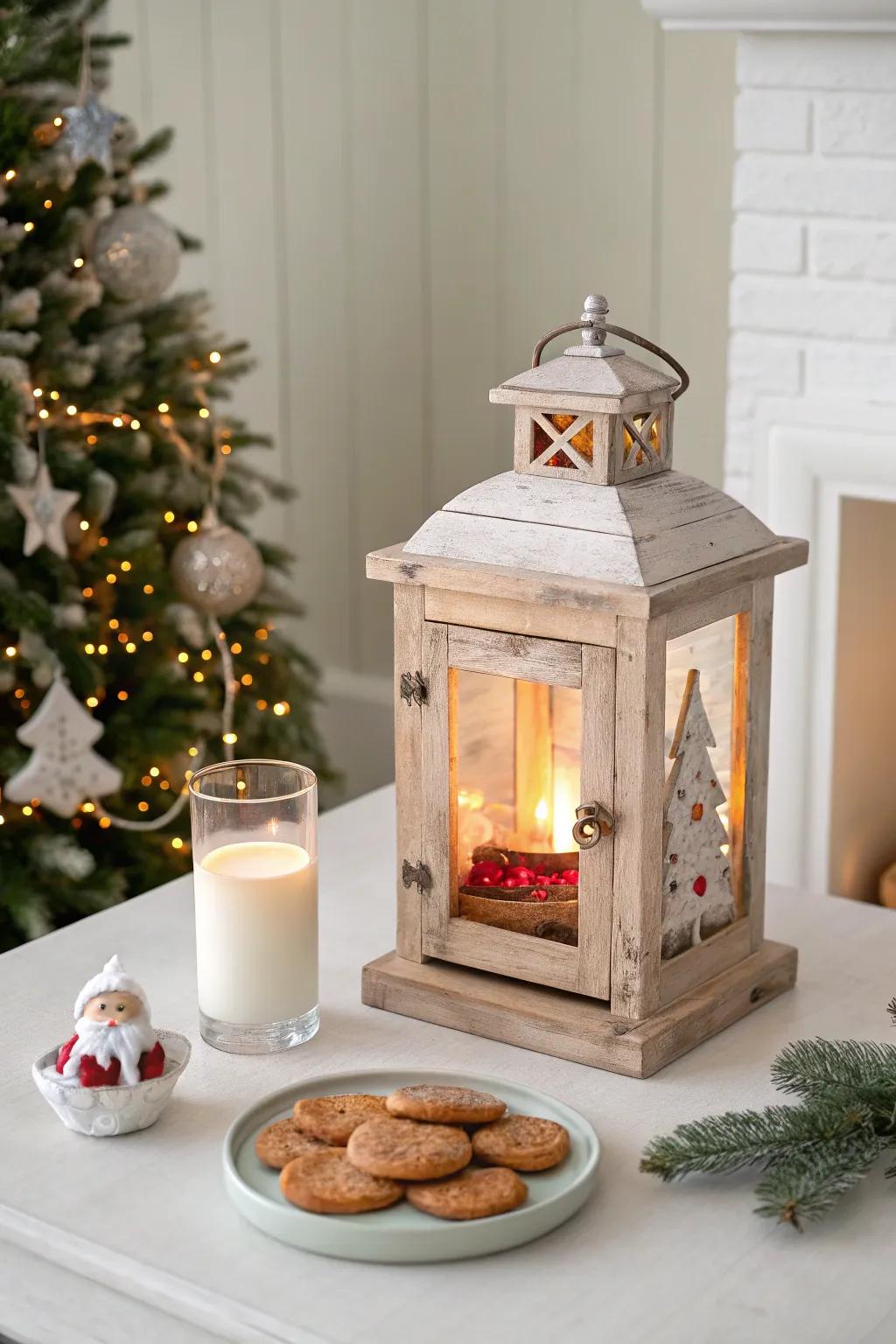 Warm indoor holiday vignette inside a Christmas lantern
