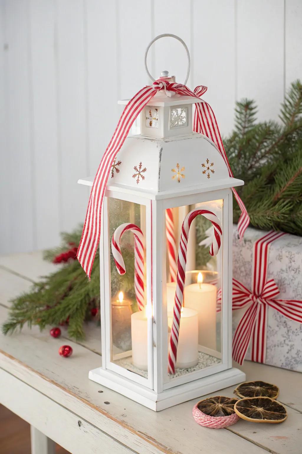 Playful candy land themed Christmas lantern with candy canes and peppermint decor