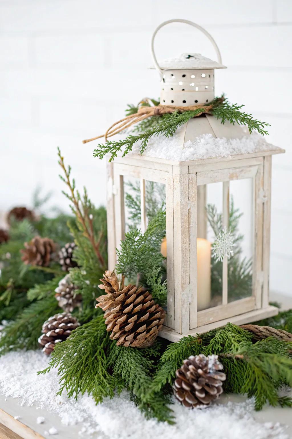 Rustic Christmas lantern centerpiece with greenery and pinecones