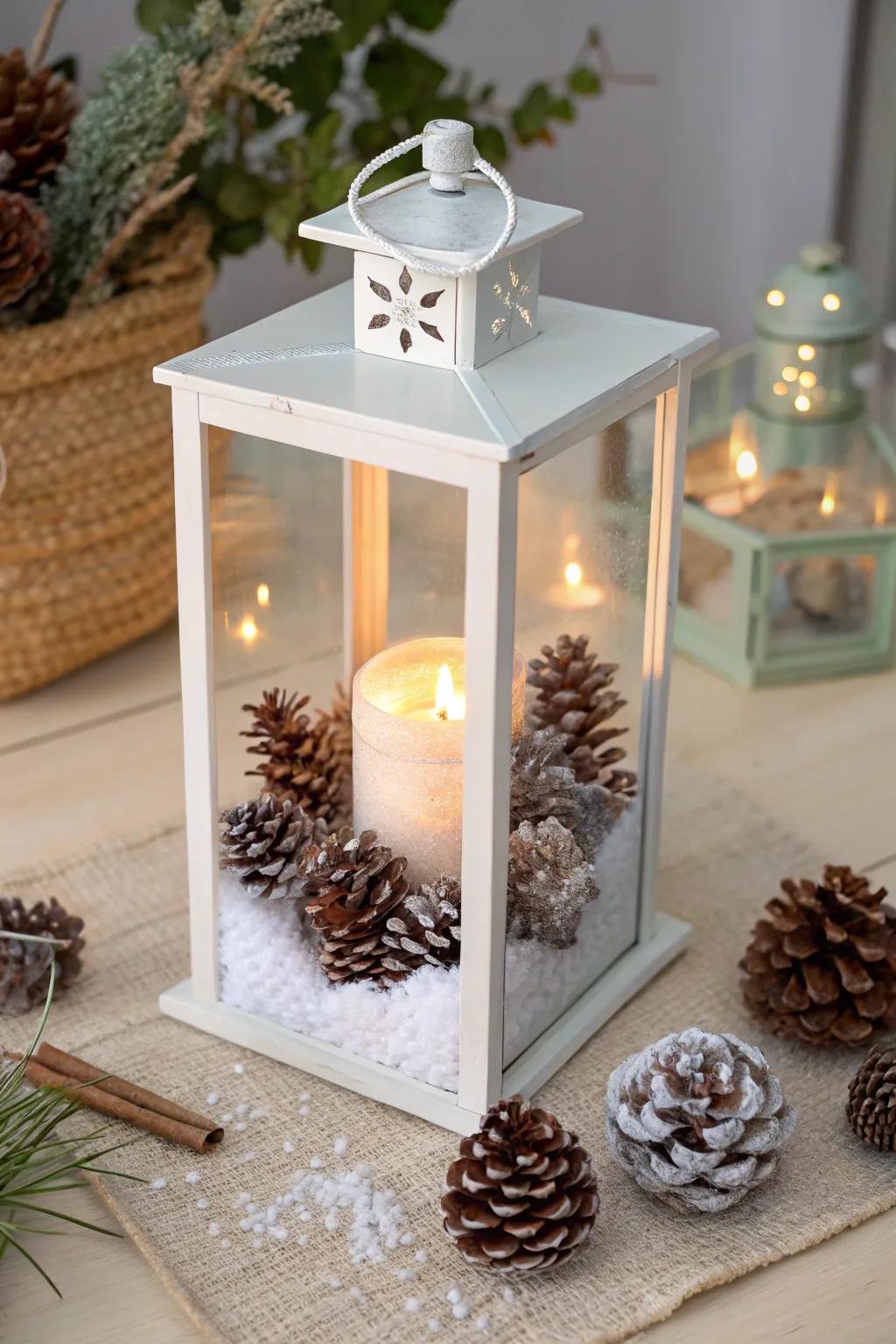 Frosted pinecone decorated Christmas lantern with a Scandi-Boho vibe