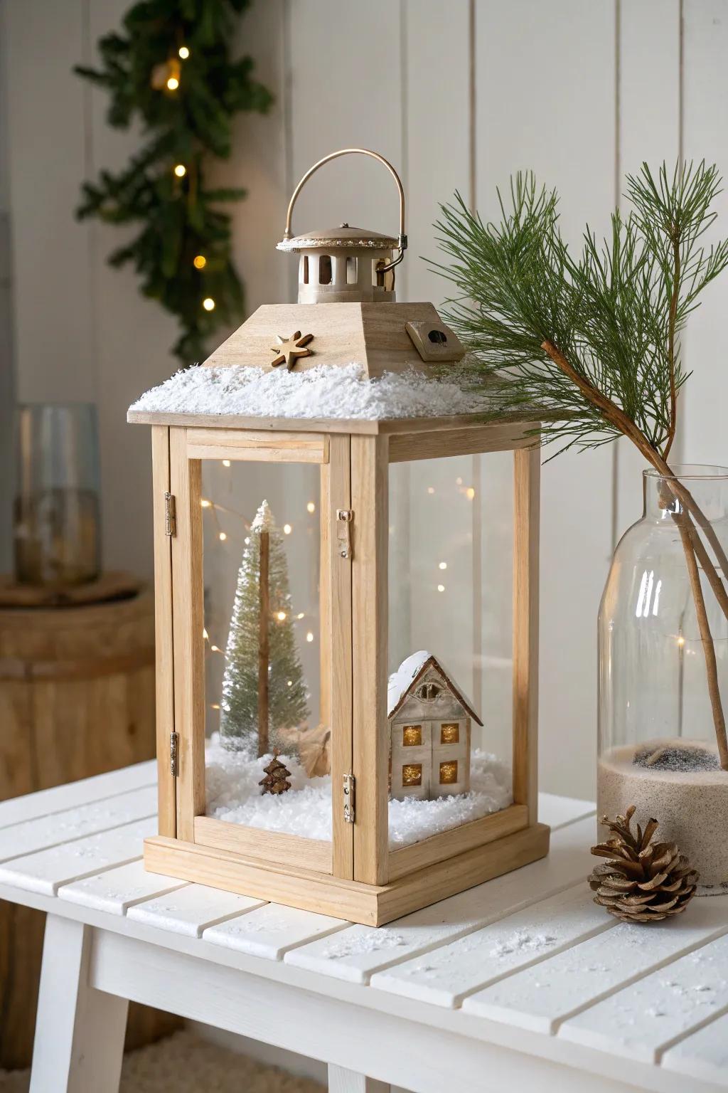 Serene winter snow globe effect inside a Christmas lantern