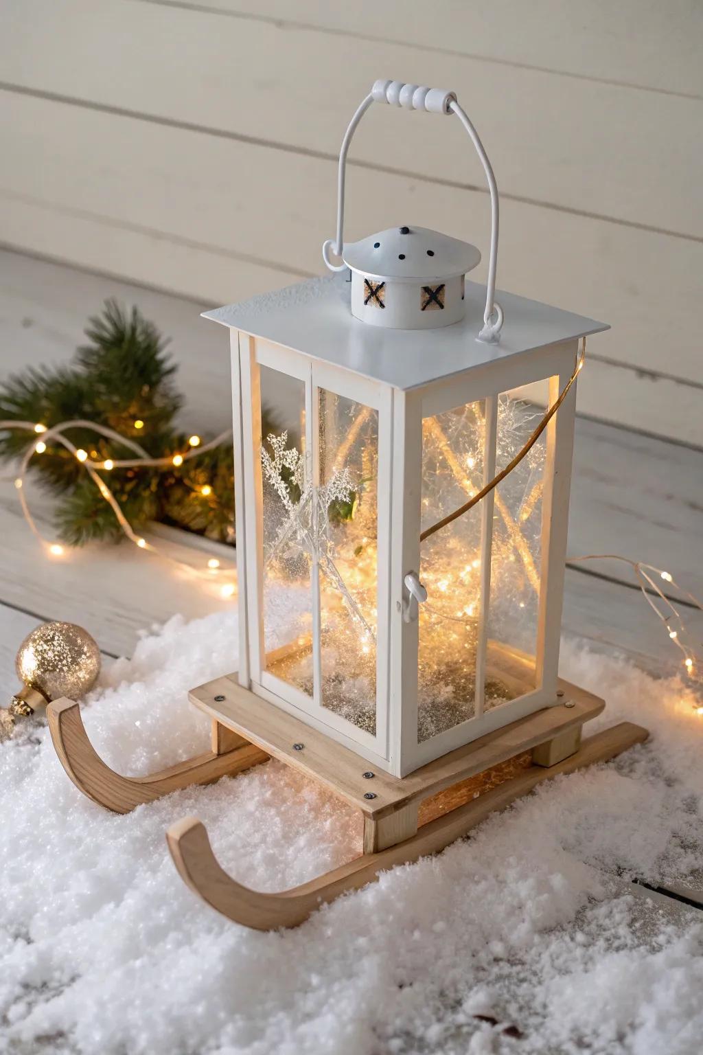 Minimalist Christmas lantern featuring a snowy sledding scene