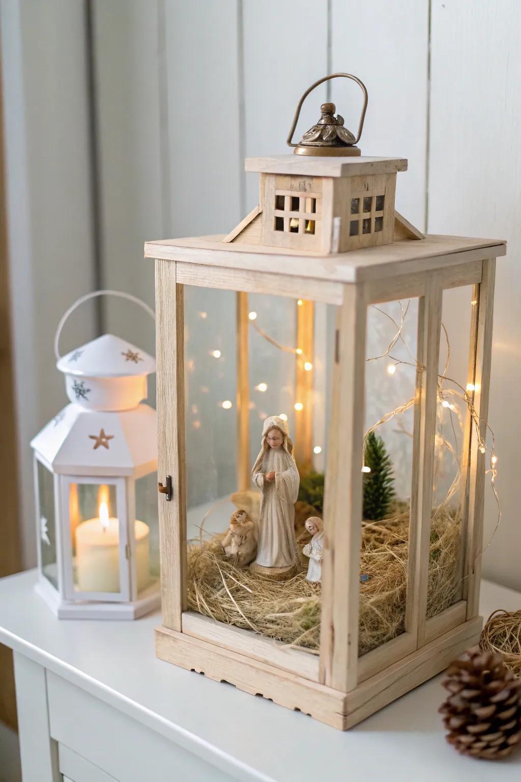 Serene mini nativity scene inside a minimalist Christmas lantern