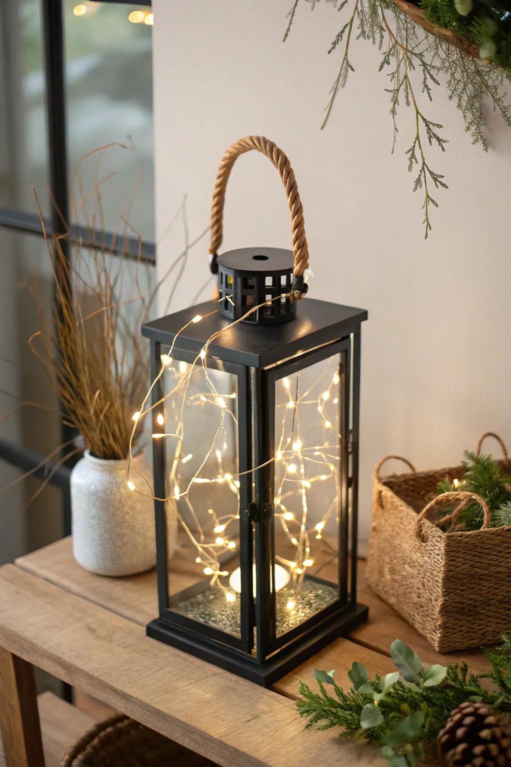 Minimalist lantern glowing with LED fairy lights