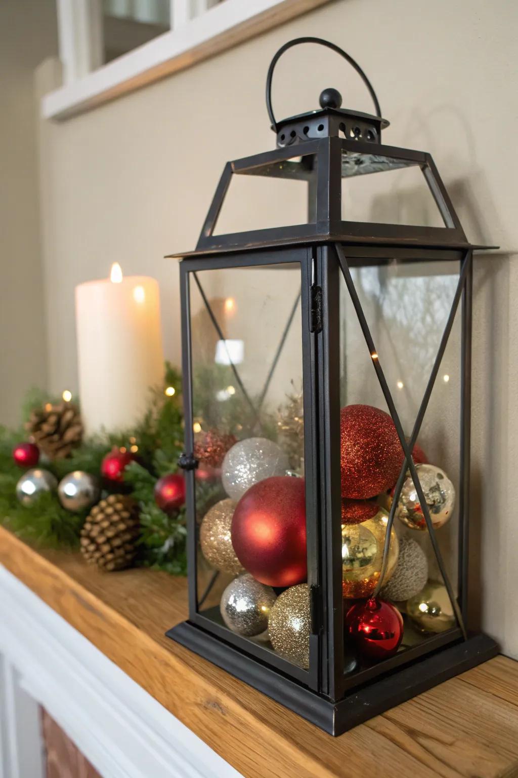 Scandinavian-inspired lantern filled with colorful ornaments and candlelight